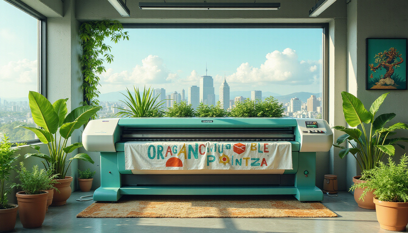  Futuristic sustainable printing press operated by artisans with plants, biodegradable packaging, green city skyline