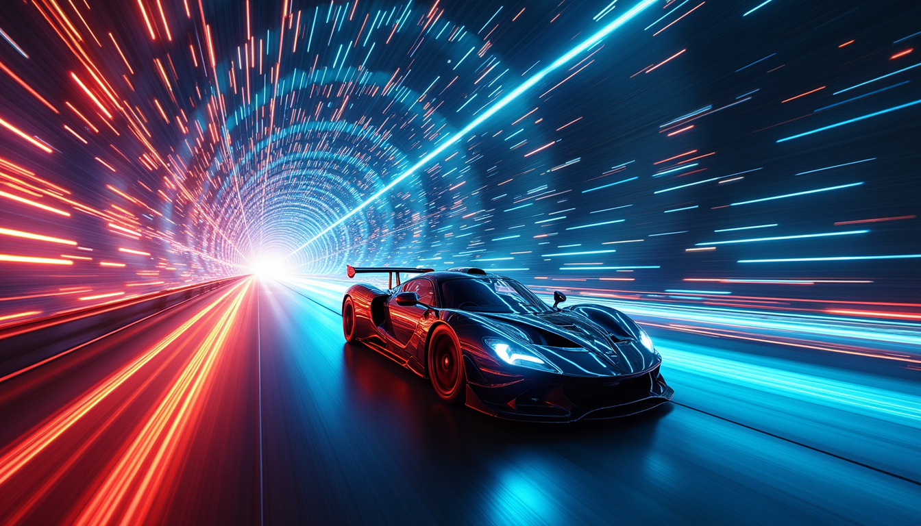  High-speed race car skimming asphalt, vortex visualization, pressure maps projected, engineered tunnels, dramatic lighting