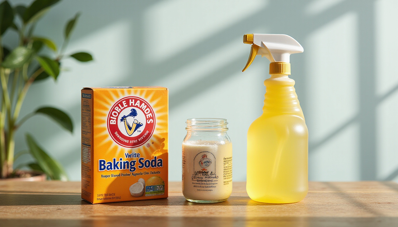 Close-up of non-toxic home remedies: baking soda, boric acid jar, lemon spray, labeled, sterile wooden countertop
