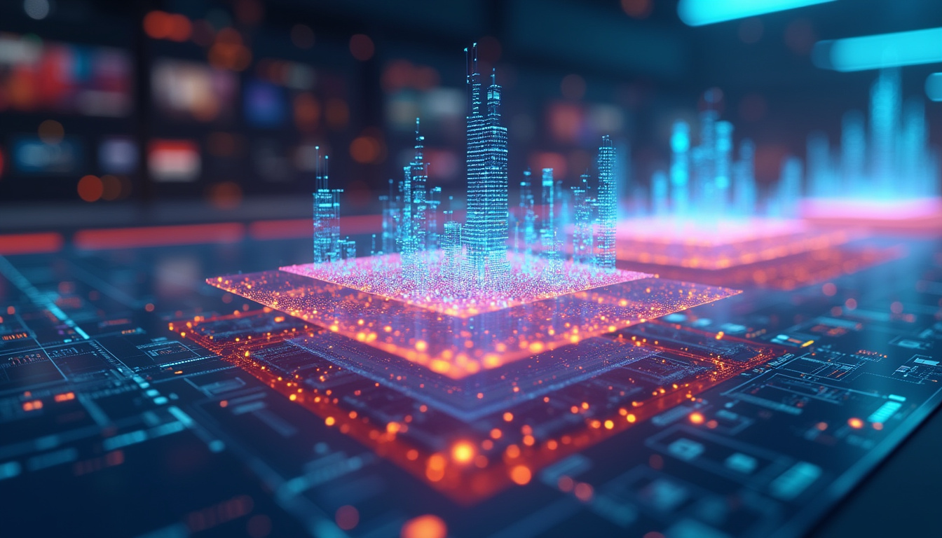 Scalable workflow pipeline visualized as stacked transparent layers producing data-driven results, futuristic control room