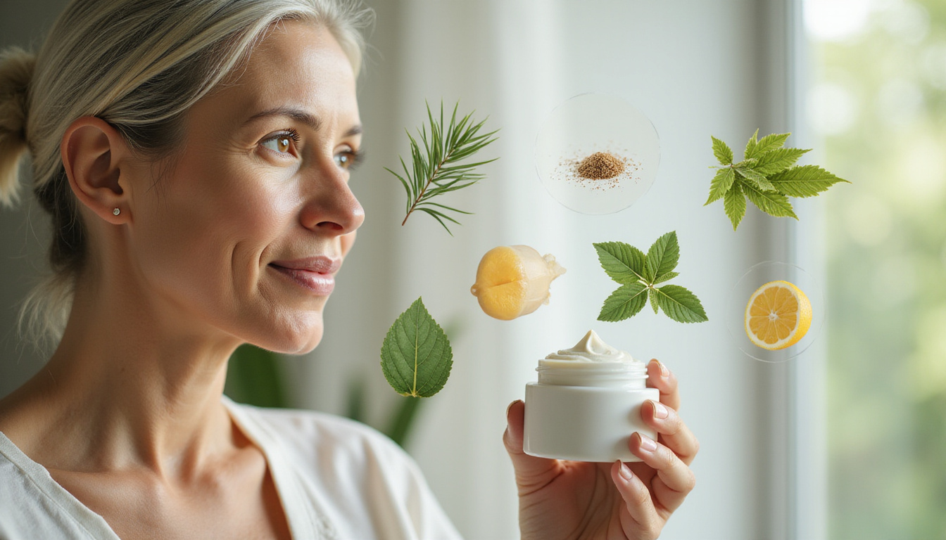  Elegant older woman applying cream, clinical efficacy charts overlay, botanical extracts, serene spa background