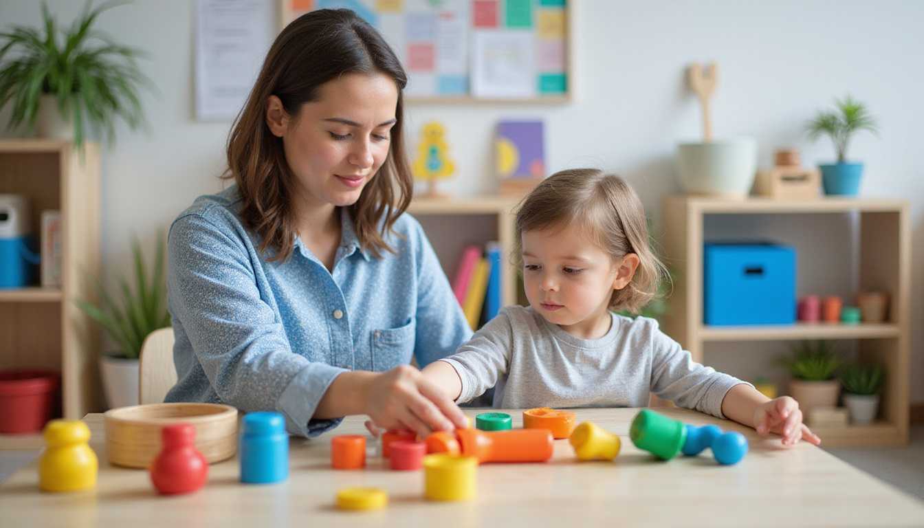  Occupational therapist and teacher adjusting sensory-friendly workstation, colorful manipulatives, student working independently