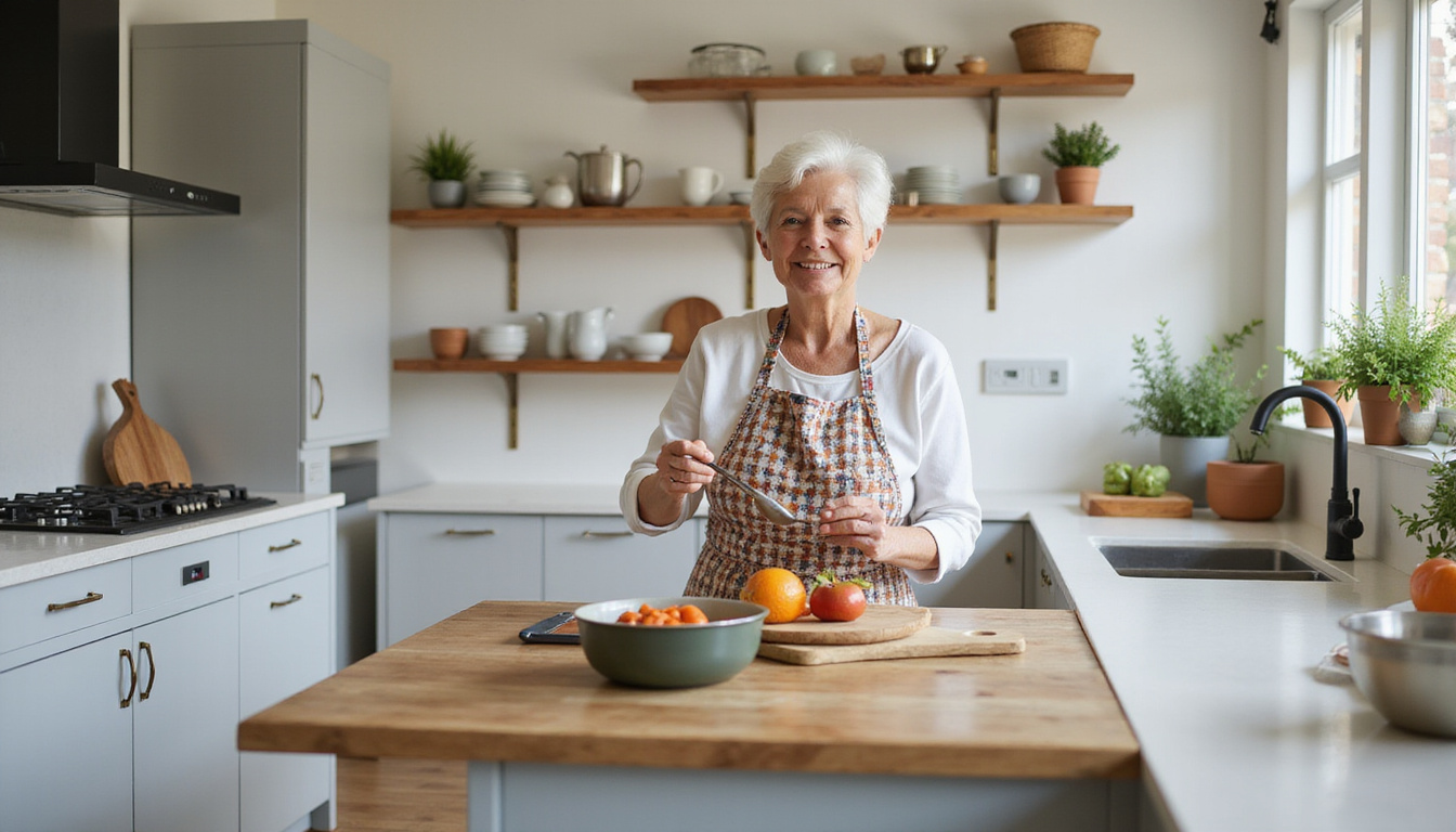  Stylish accessible kitchen, tactile controls, lever faucets, pull-out shelves, slip-resistant floors, joyful retired woman cooking