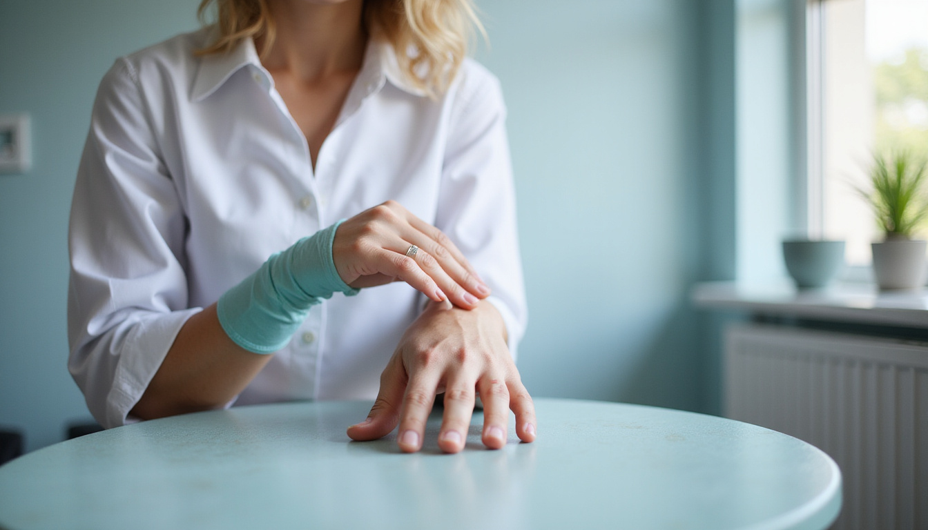  Occupational therapist demonstrating gentle finger stretches, splint, hot-cold therapy, serene rehab clinic