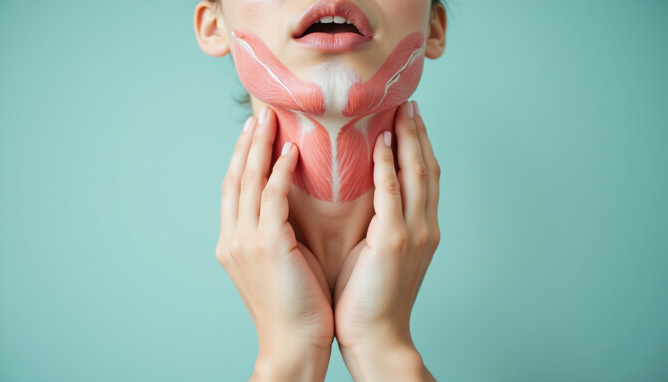  Close-up of hands cradling jaw, illustrated muscle overlay, soothing teal palette, minimalist wellness poster