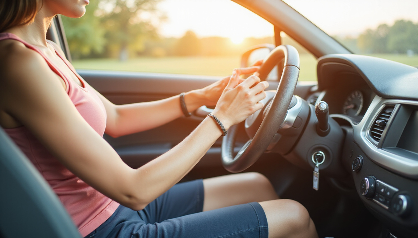  Close-up hands demonstrating wrist stretches and brace, instructional overlay, sunlit cab interior, calm