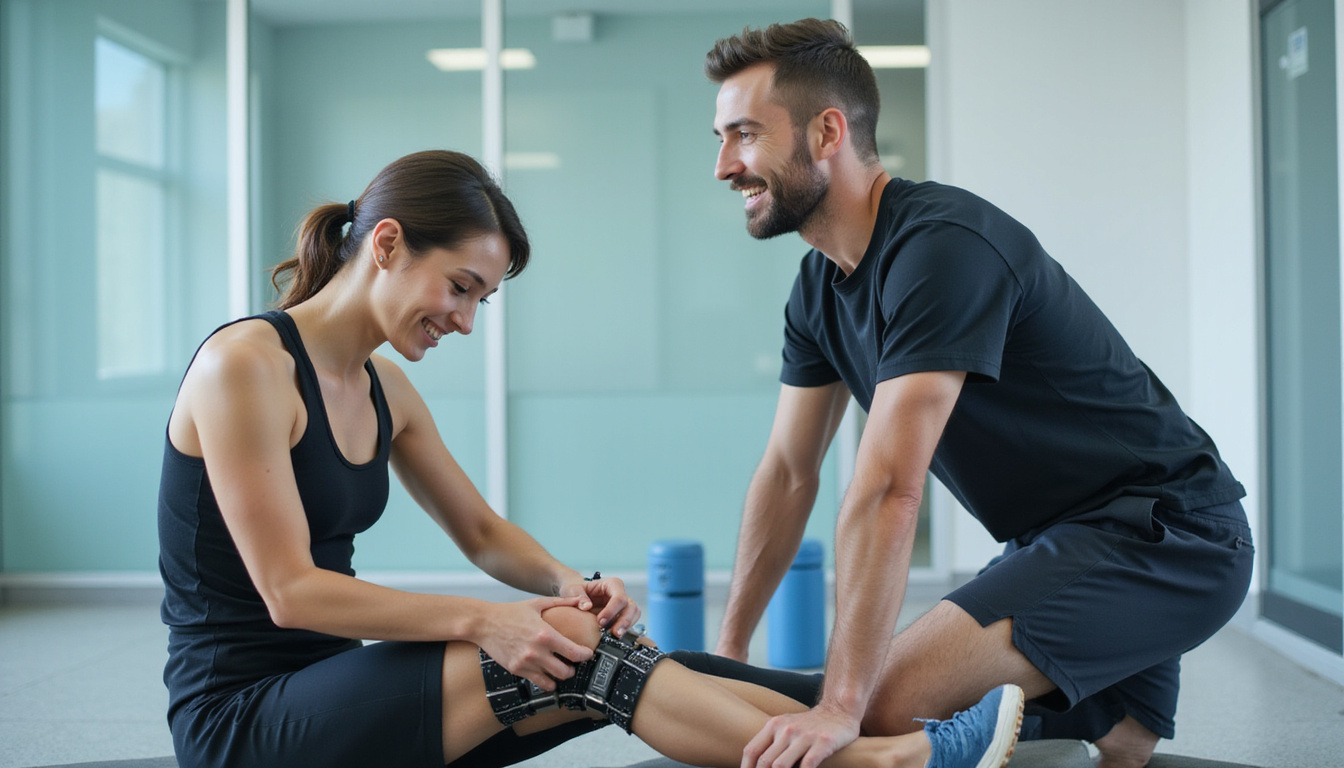  Physical therapist guiding athlete through cutting drills, futuristic robotic knee replacement glowing, confident smile