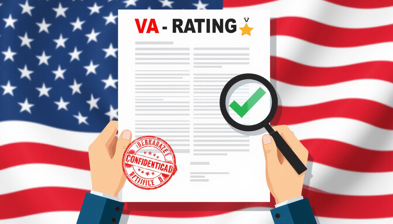  Hands holding VA rating decision letter, magnifying glass, confidential stamp, American flag