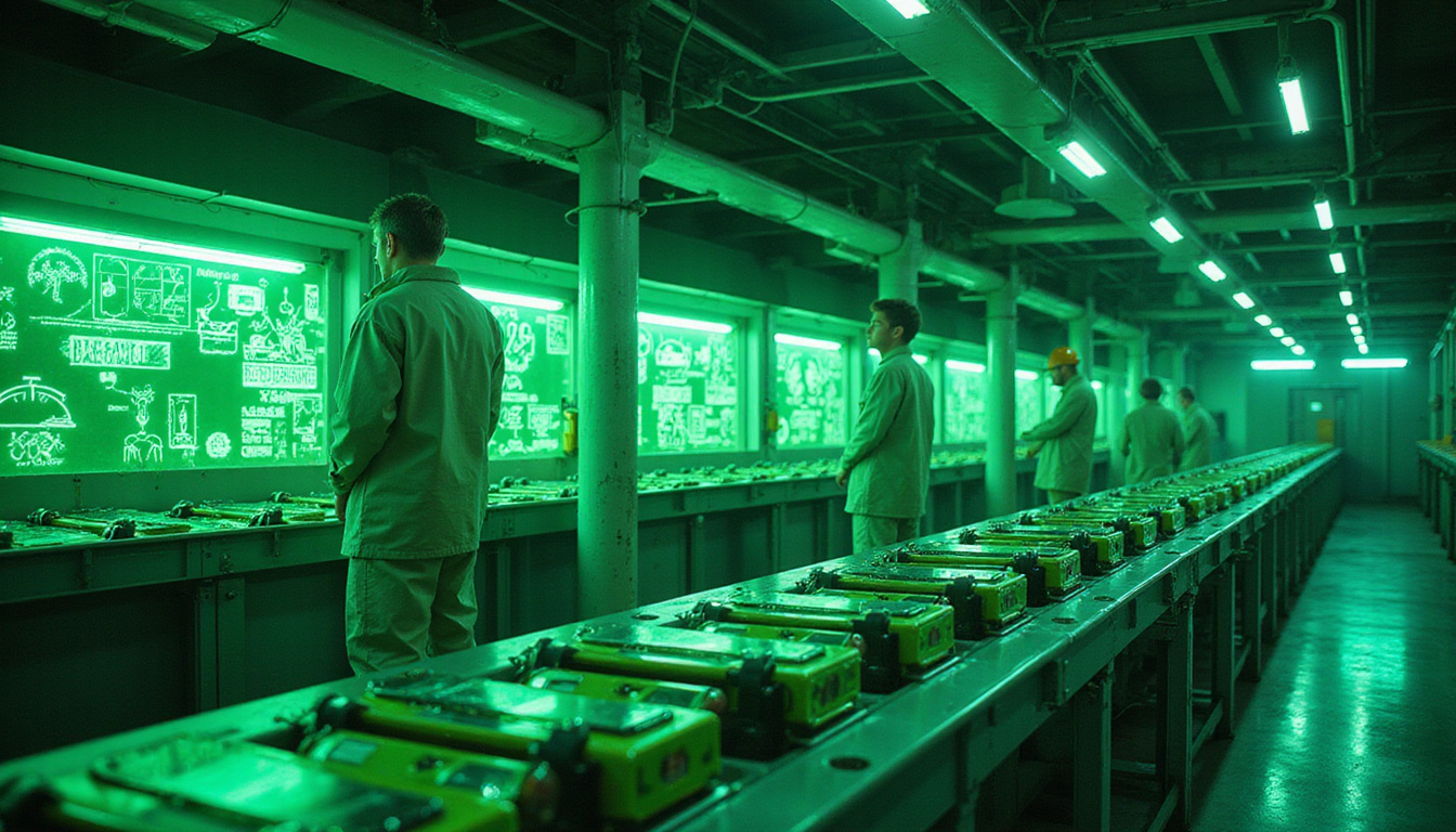  Futuristic recycling facility glowing green, conveyor belts of batteries, technicians, money-saving infographic holograms