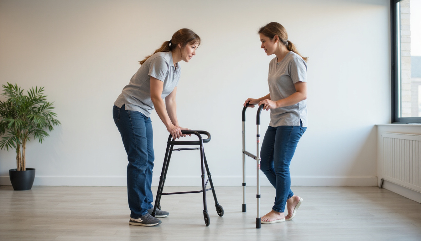  Physical therapist demonstrating proper cane and walker techniques indoors, clear visual safety cues