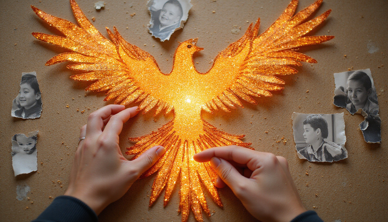  Hands weaving golden thread through torn family portraits, phoenix rising, reclaimed power