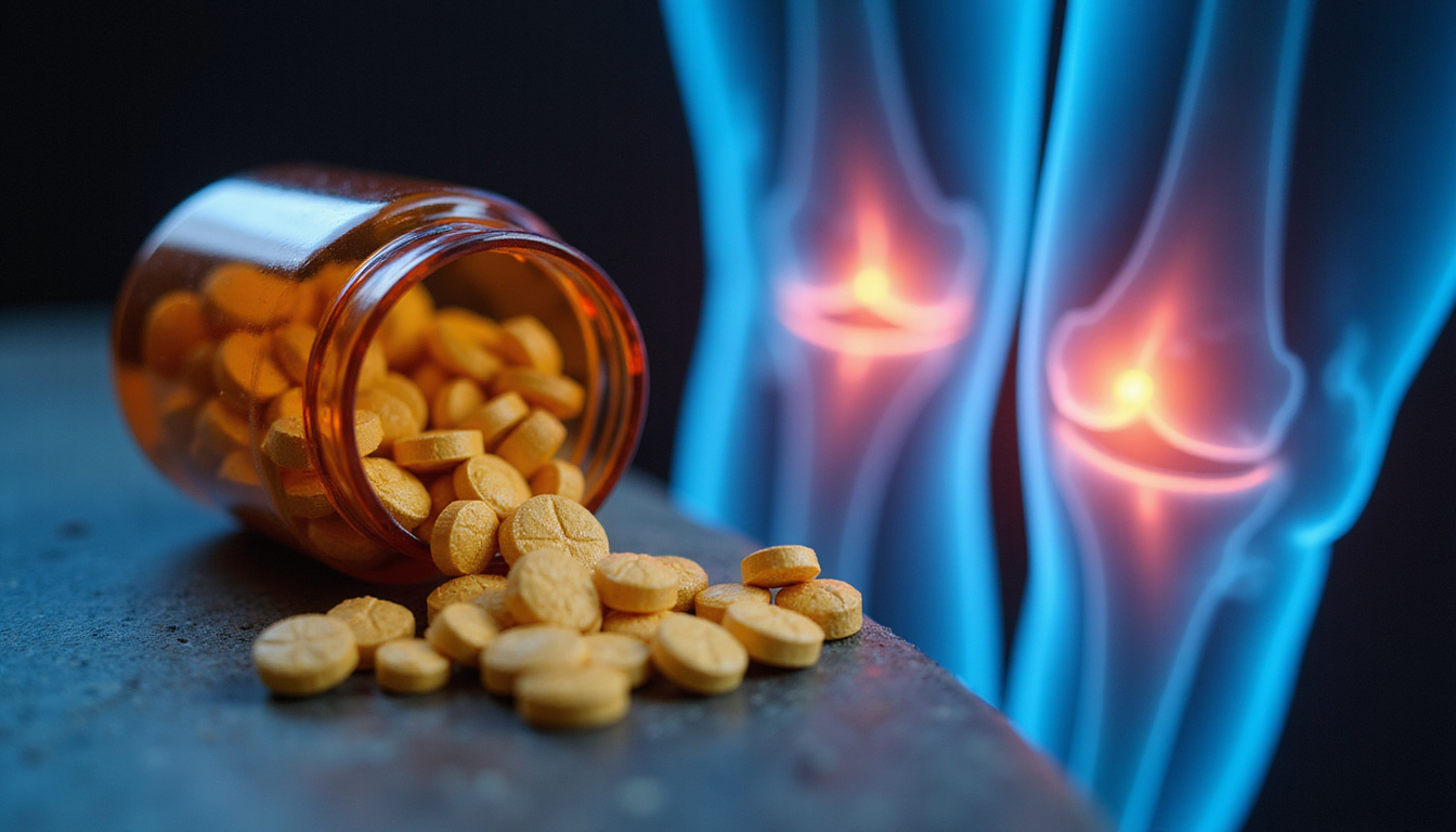  Close-up of glucosamine pills spilling beside an X-ray knee showing worn cartilage and hope