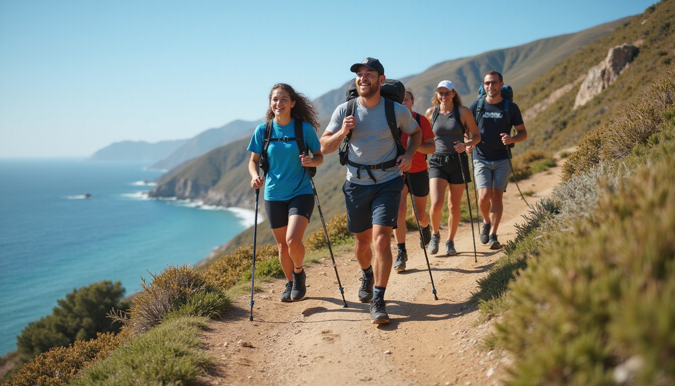 Group of diverse hikers power-walking with poles along coastal cliffs, sweat, dynamic motion, vibrant colors