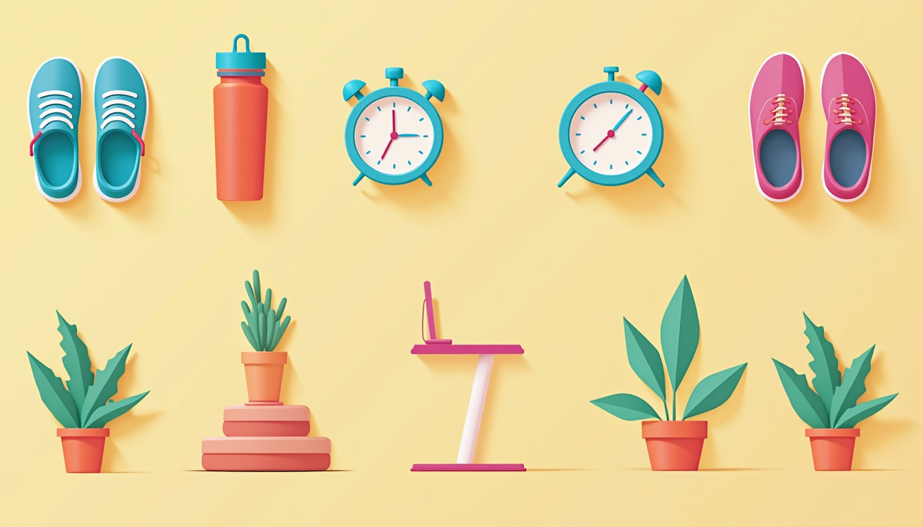  Vibrant flat lay of easy habit icons: walking shoes, water bottle, timer, standing desk, houseplant