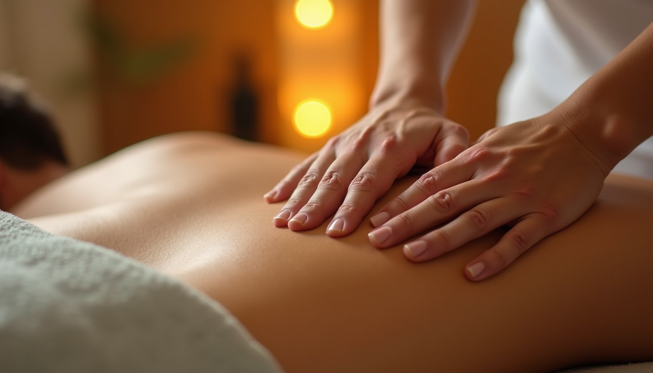  close-up of expert hands performing myofascial release on lower back, warm oil, soothing light