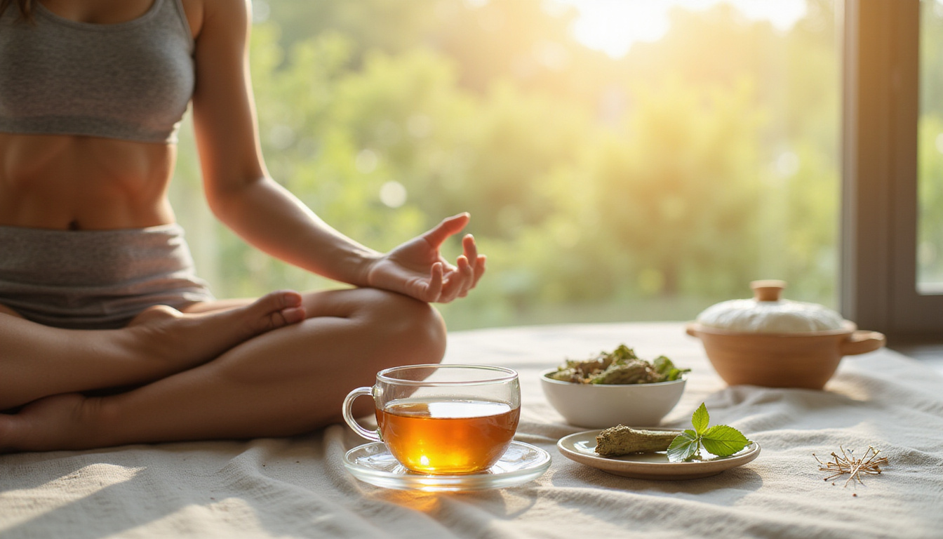  Peaceful scene: person practicing yoga, herbal tea, acupuncture needles, warm compress, soft sunlight