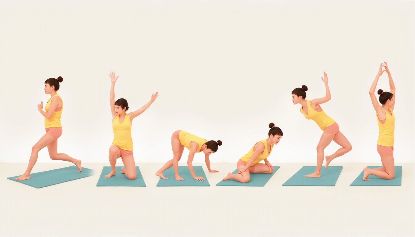  Sequence of eight gentle knee-strengthening poses illustrated step-by-step, calm studio, pastel color palette