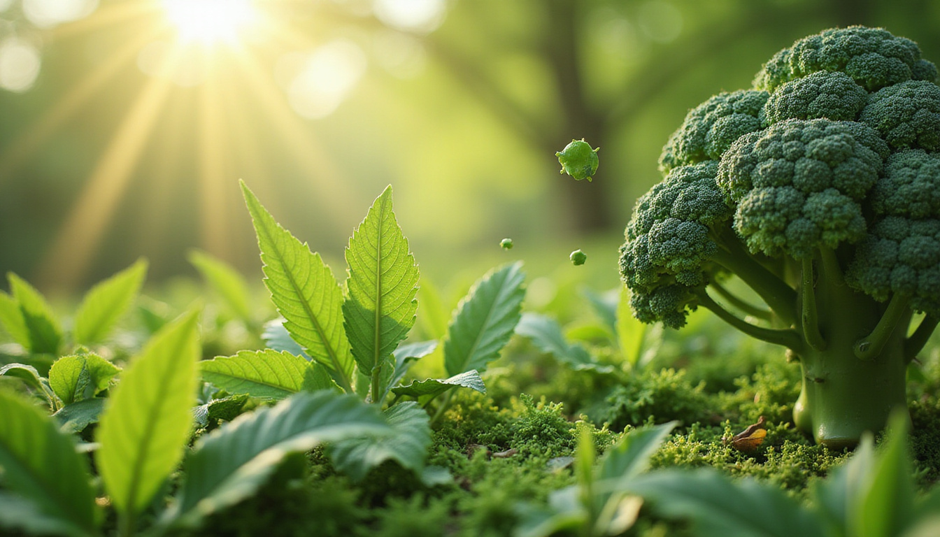  Aromatase enzyme molecular model interacting with broccoli, green tea leaves, and sunlight rays