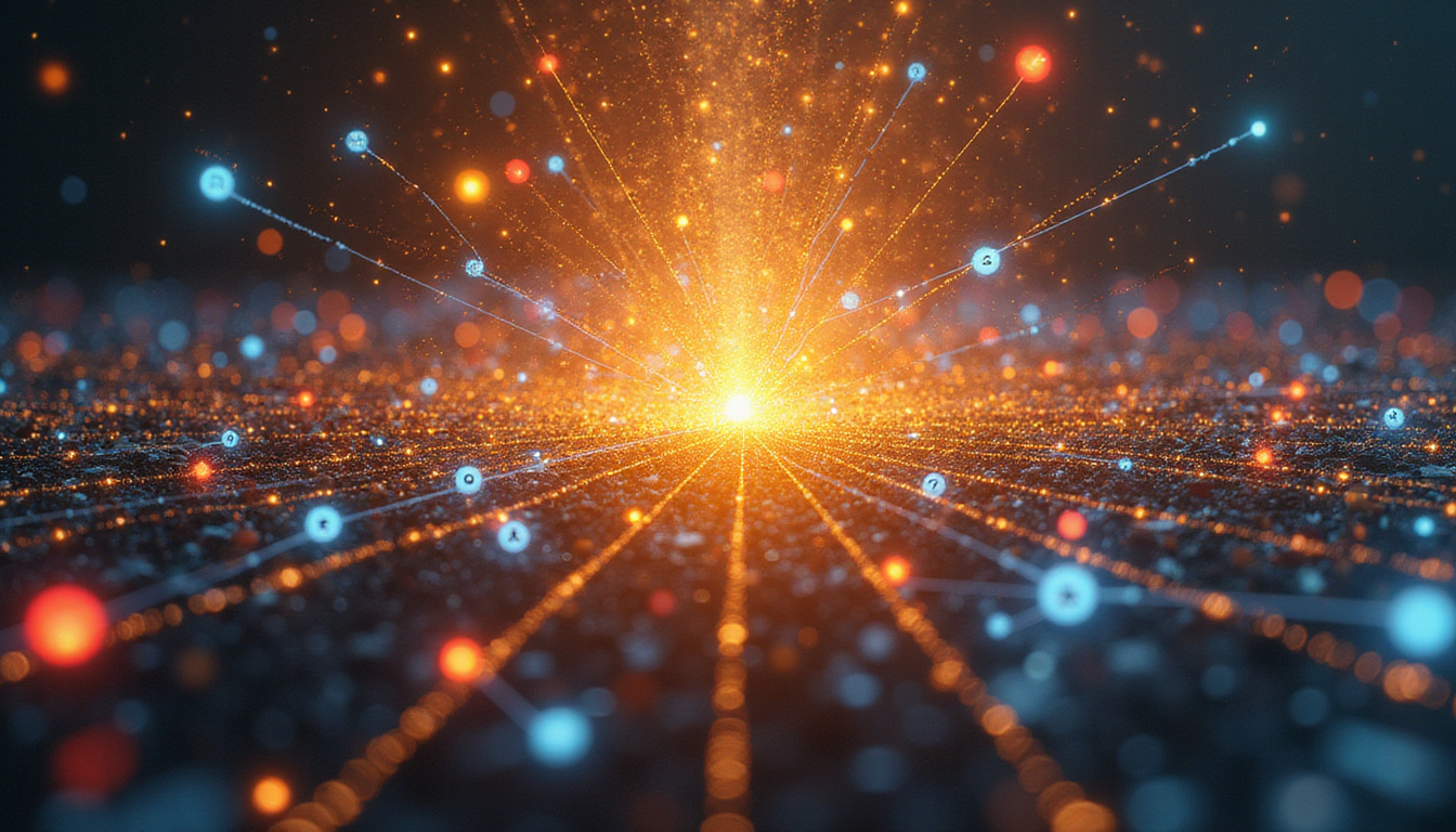  Network of colorful brand logos connected by golden threads, exploding upward, dramatic sunrise lighting