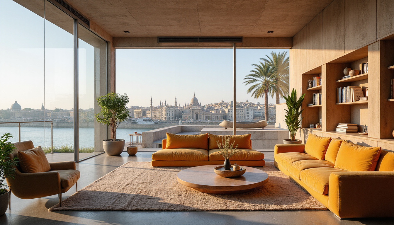  Interior: spacious open plan living room, plush furnishings, floor to ceiling windows overlooking Nile