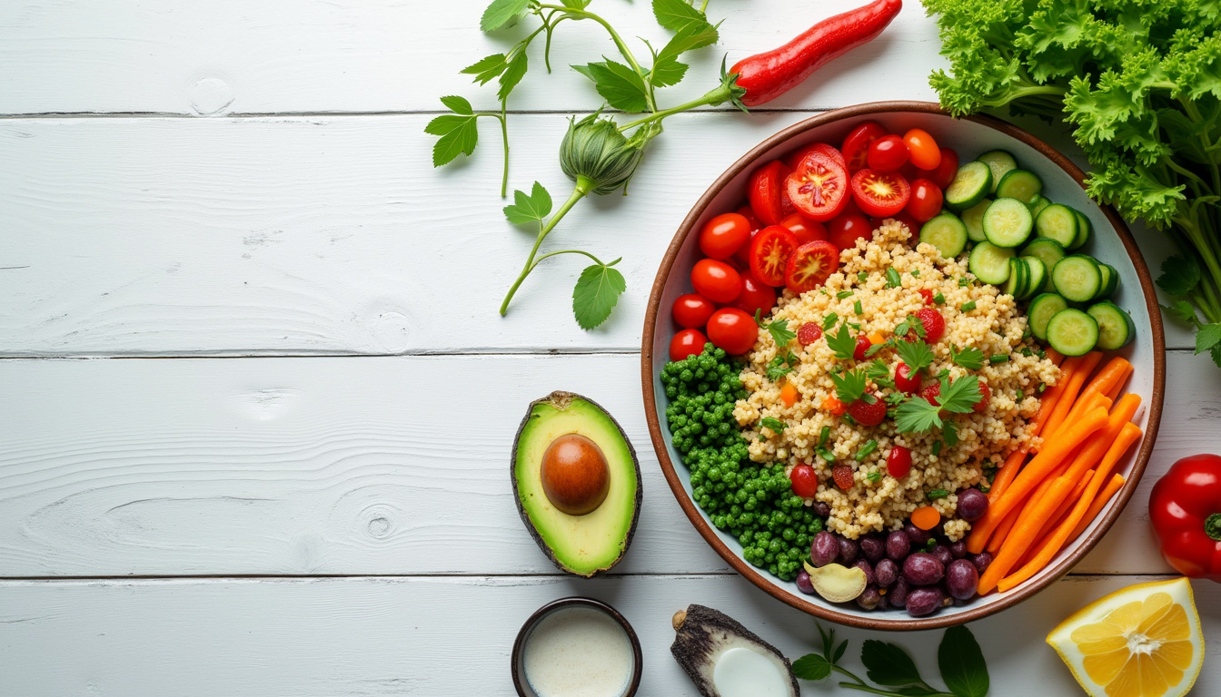 vibrant low-carb meal flatlay, colorful vegetables, recipe cards, checklist, simple swaps, optimistic mood