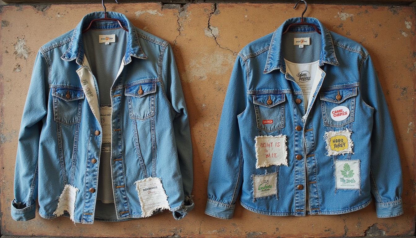  Before-and-after display: torn neckline repaired with visible stitches, eco-friendly patching, rustic background