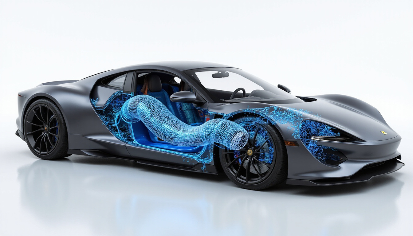  Futuristic electric hypercar exposed monocoque, honeycomb structure, dynamic airflow visualization, metallic matte finish