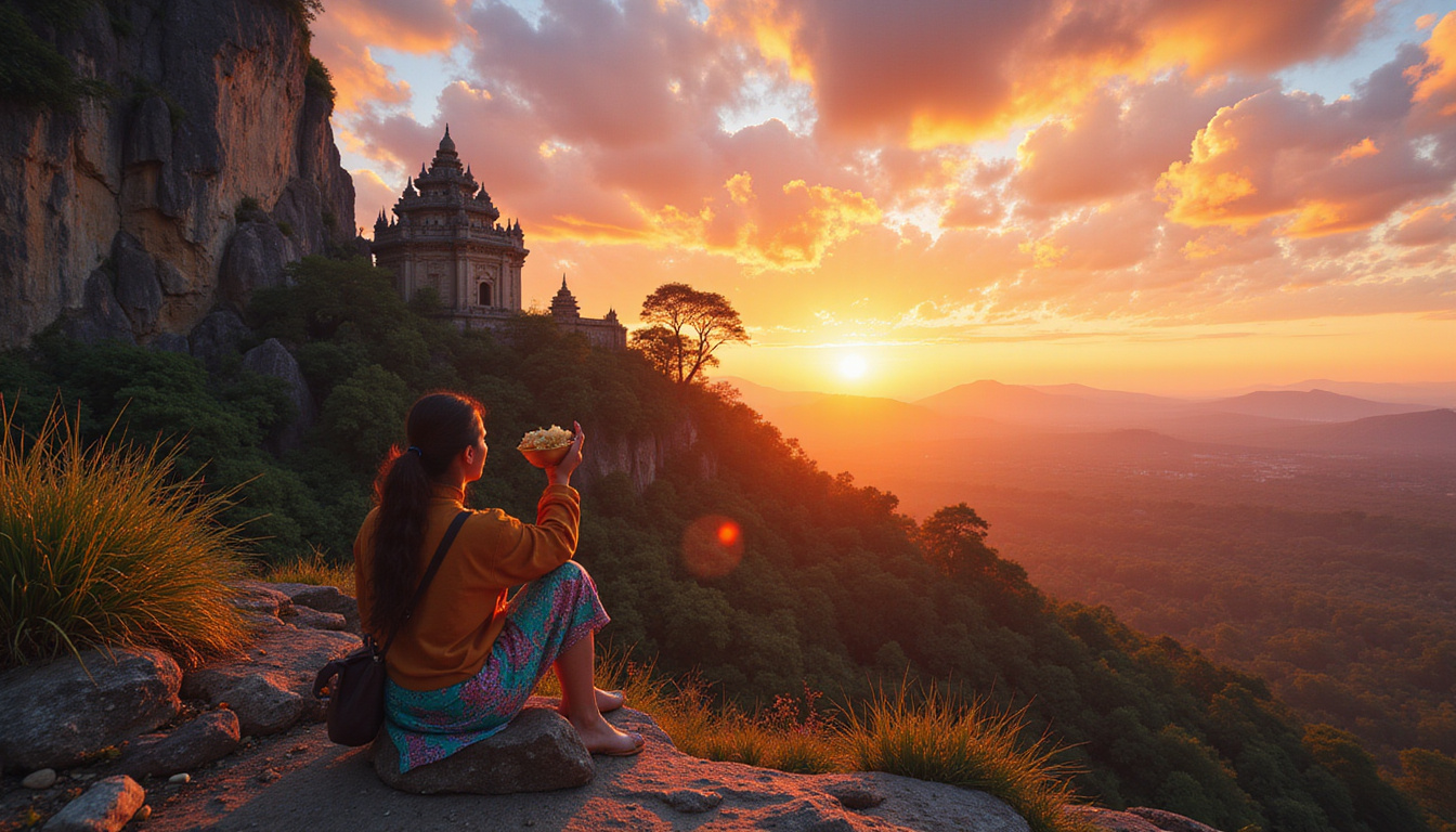  Secluded cliffside temple at sunset, budget traveler eating street food, colorful sarongs, dramatic sky