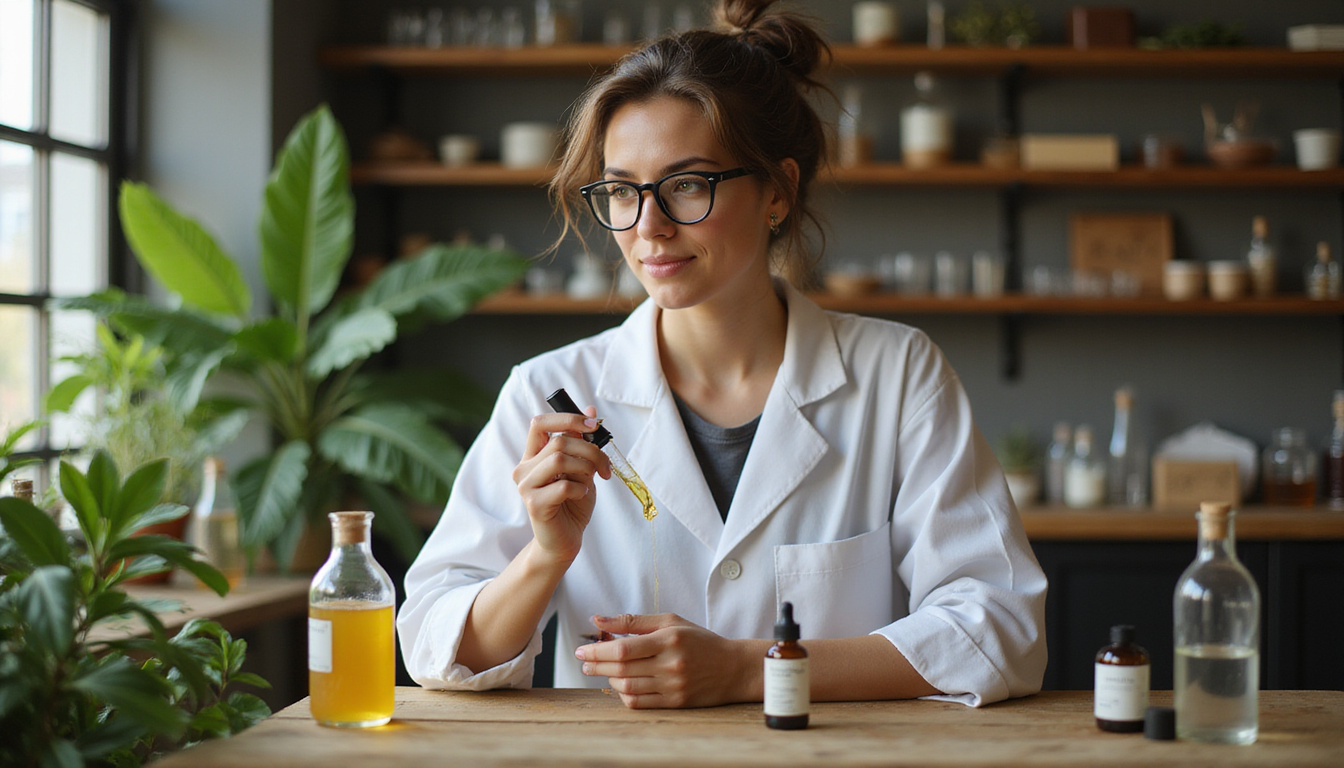  Artisan chemist blending botanical serums in rustic lab, glass beakers, green leaves, minimalist sustainable packaging