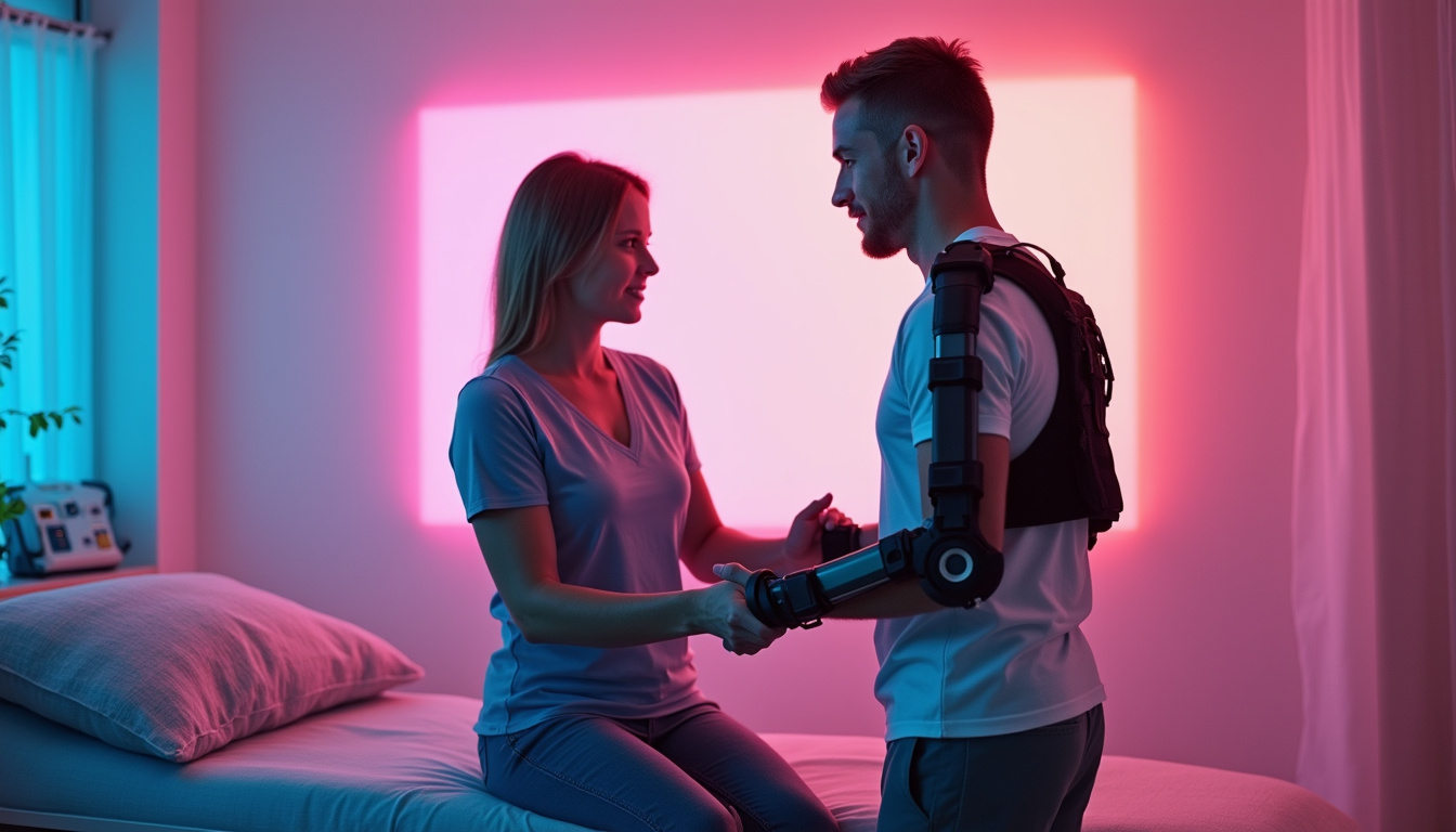  Patient practicing guided physical therapy with wearable exoskeleton and calming clinic light