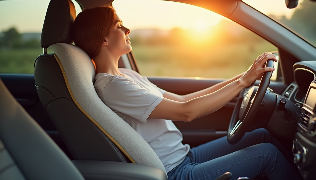  Cutaway view cushion supporting lumbar vertebrae, improved posture overlay, serene driver, warm sunlight