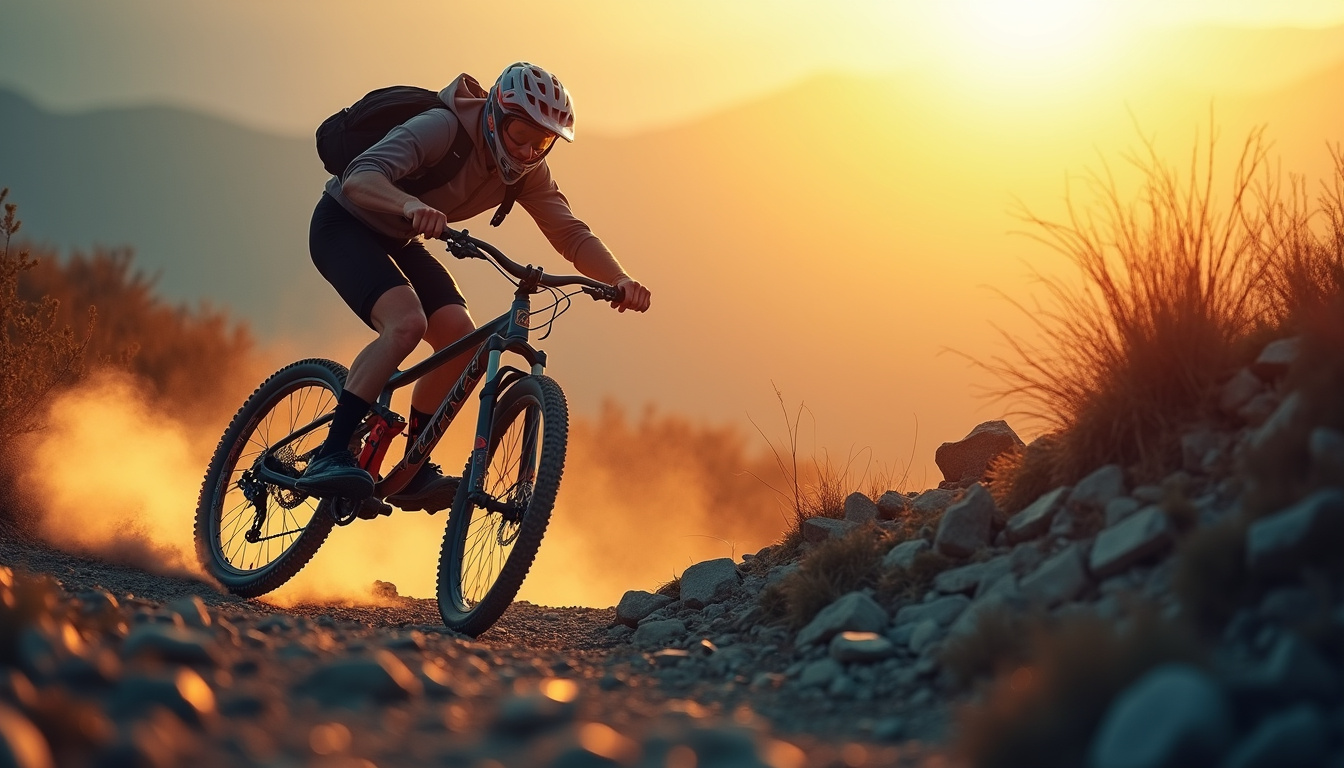  Focused downhill mountain biker leaning into berm, rocky trail, dynamic motion blur, golden hour backlight