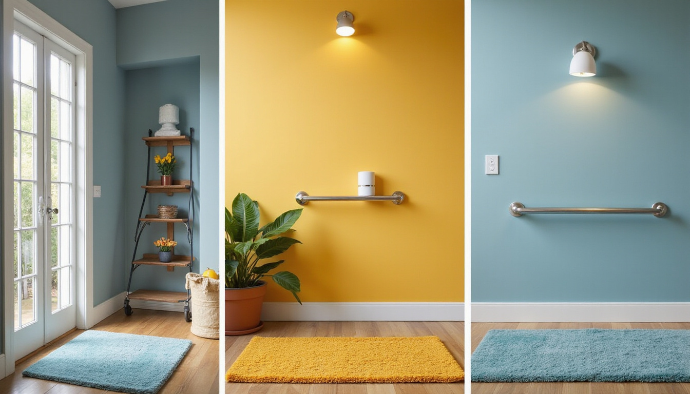 Home safety montage: non-slip rugs, night lights, sturdy handrails, walker by doorway
