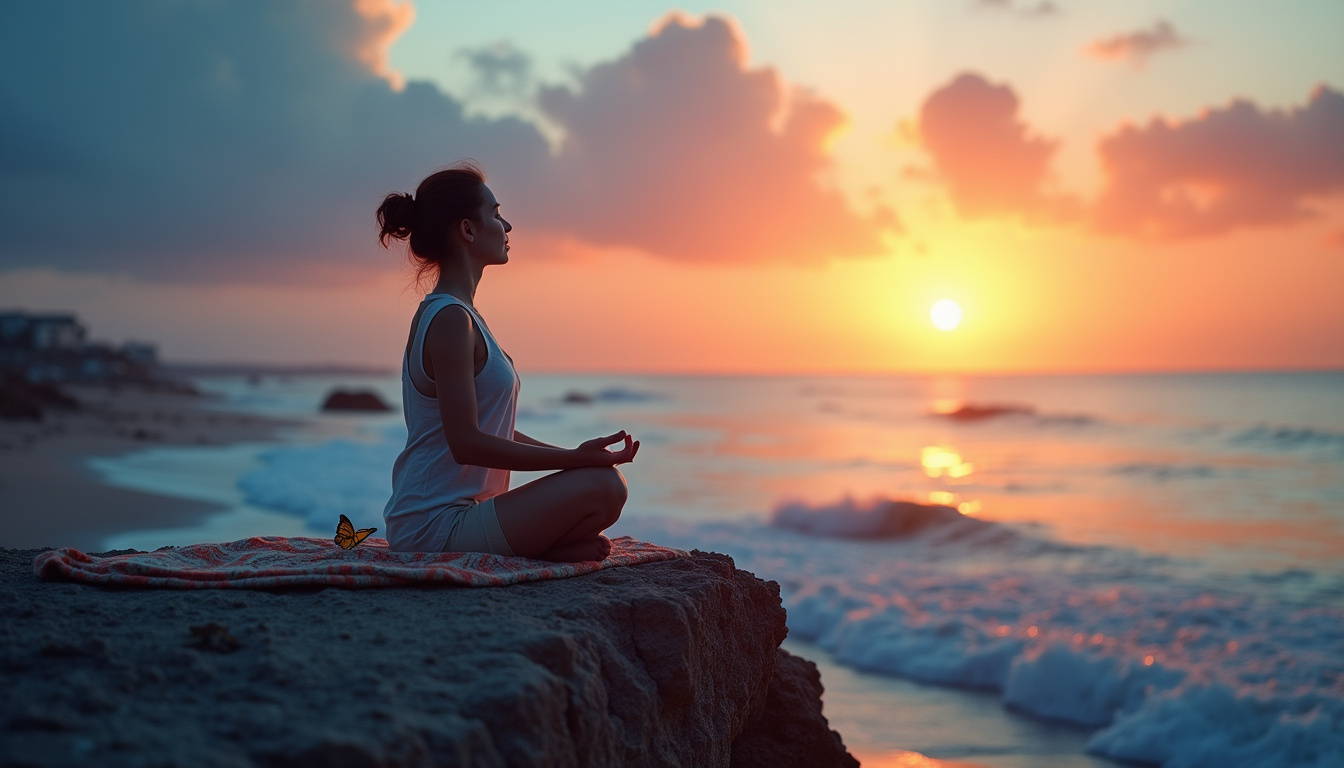  Ocean cliff at twilight, meditator in reclined butterfly, blanket props, gentle waves, tranquil breath