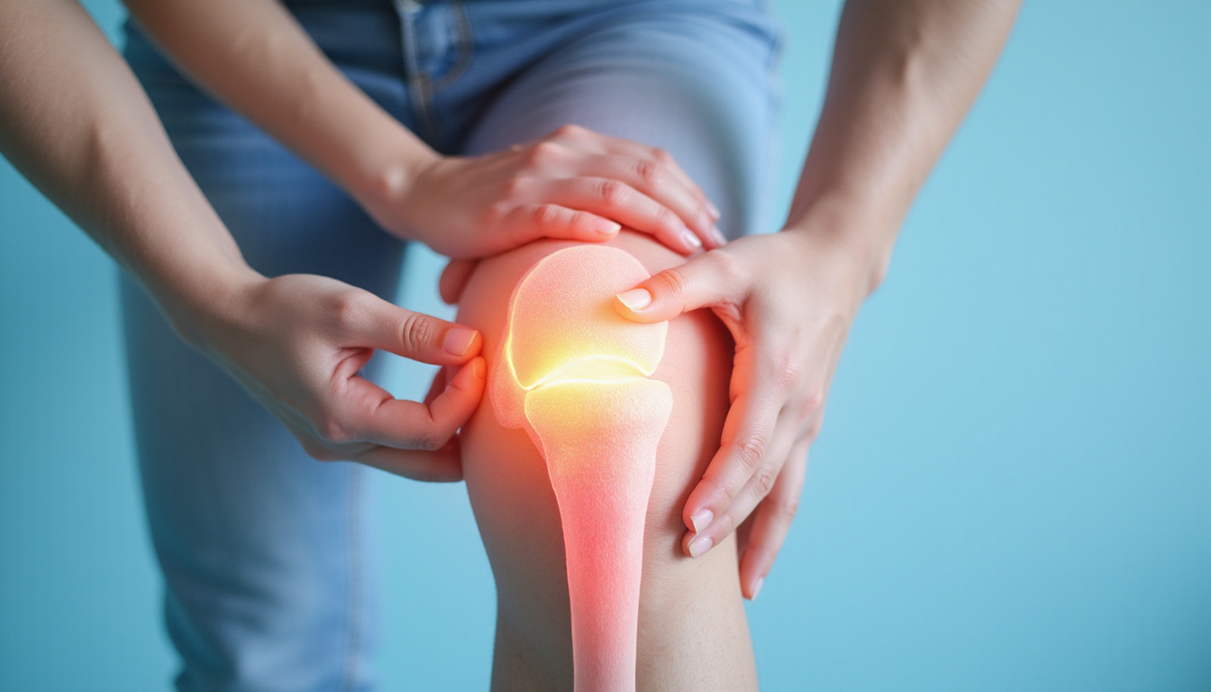  Close-up anatomical overlay on knee and shoulder, hands guiding, pastel colors, instructional wellness aesthetic