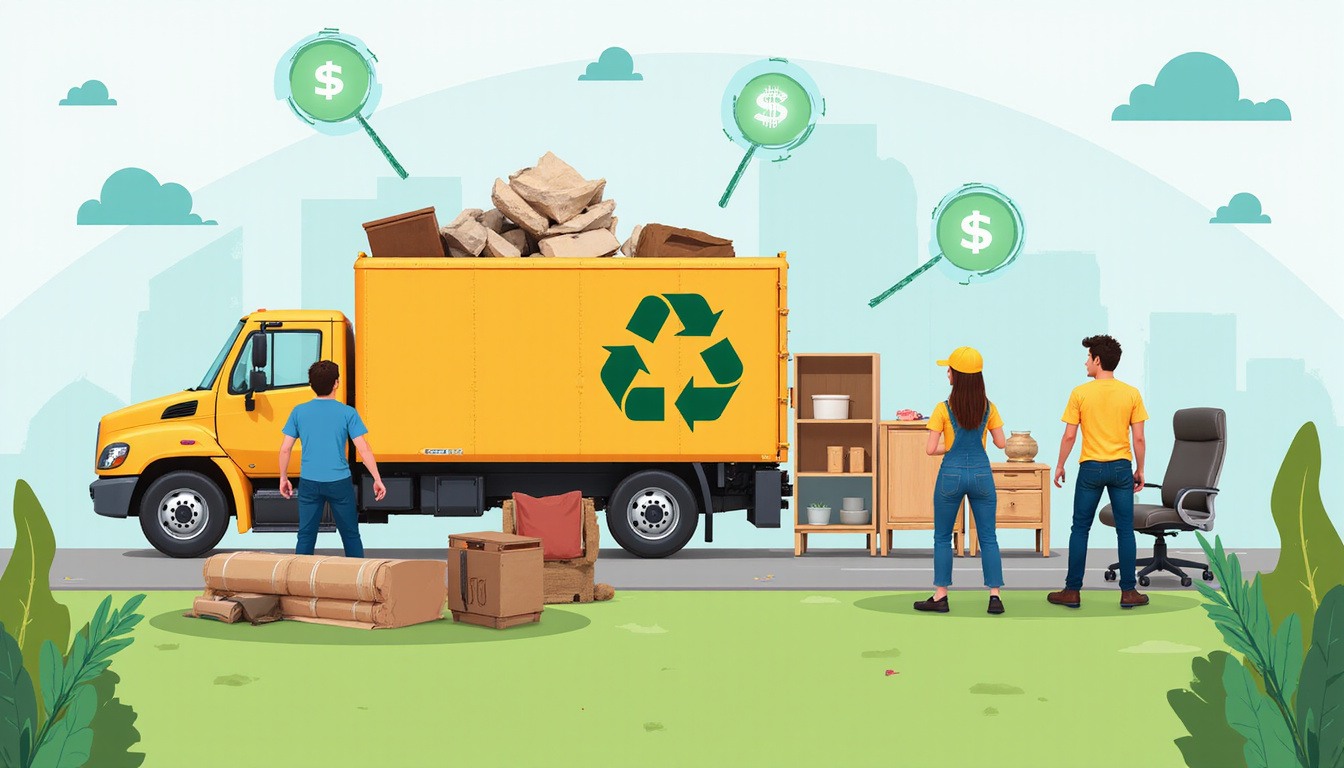  Eco friendly junk removal crew hauling furniture, recycling icons, dollar savings, reclaimed backyard patio