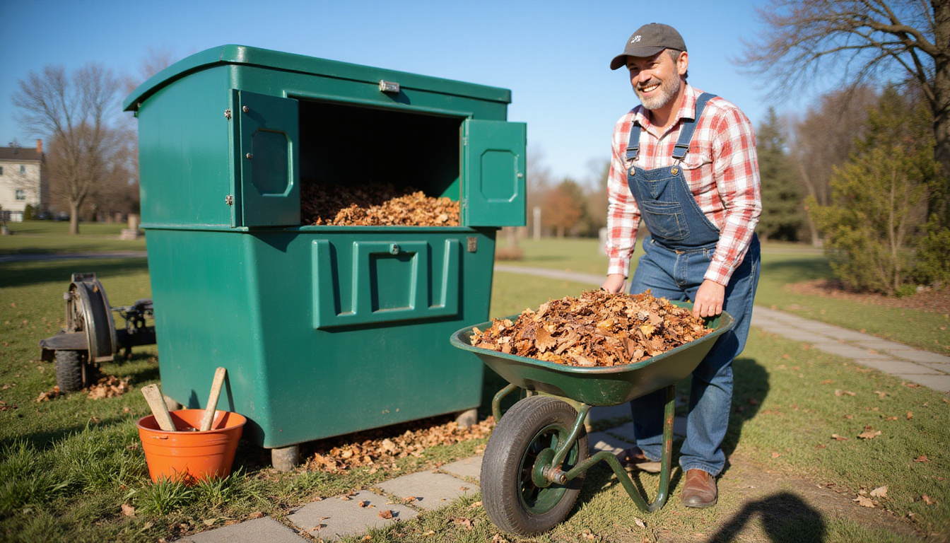  Smiling gardener raking leaves near compost bin, wheelbarrow with tools, neat stone pathway, blue sky