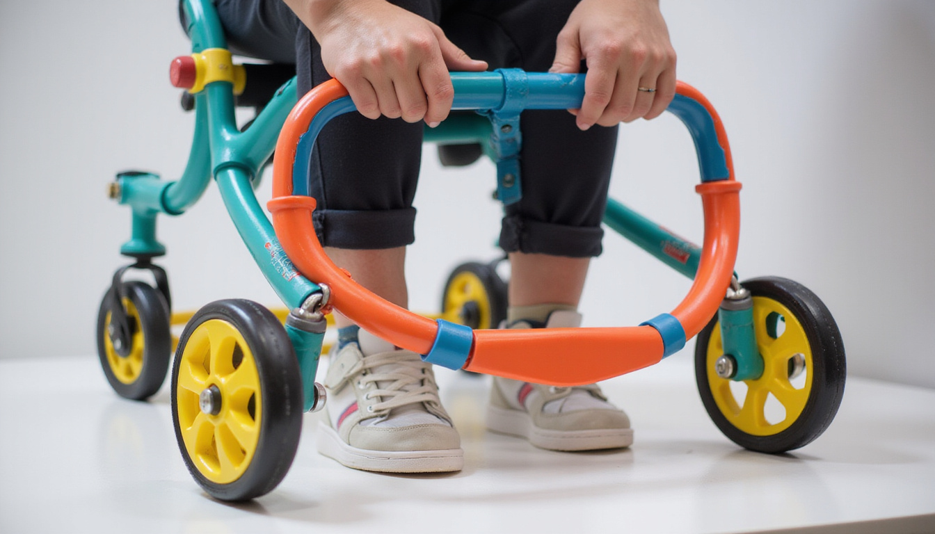  Close-up of hands adjusting ergonomic harness and wheels on pediatric gait trainer, colorful