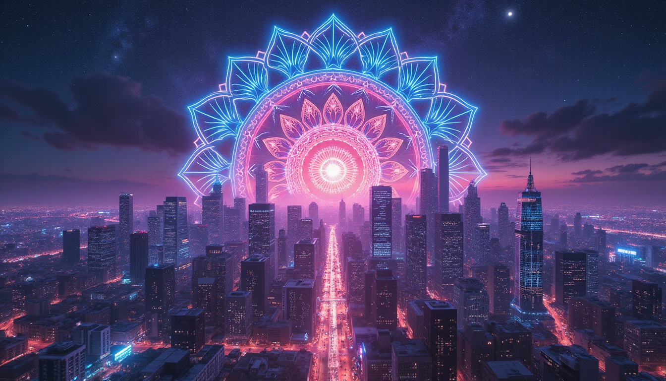  Neon city skyline overlaid with holographic mandalas, hidden symbols connecting past and future
