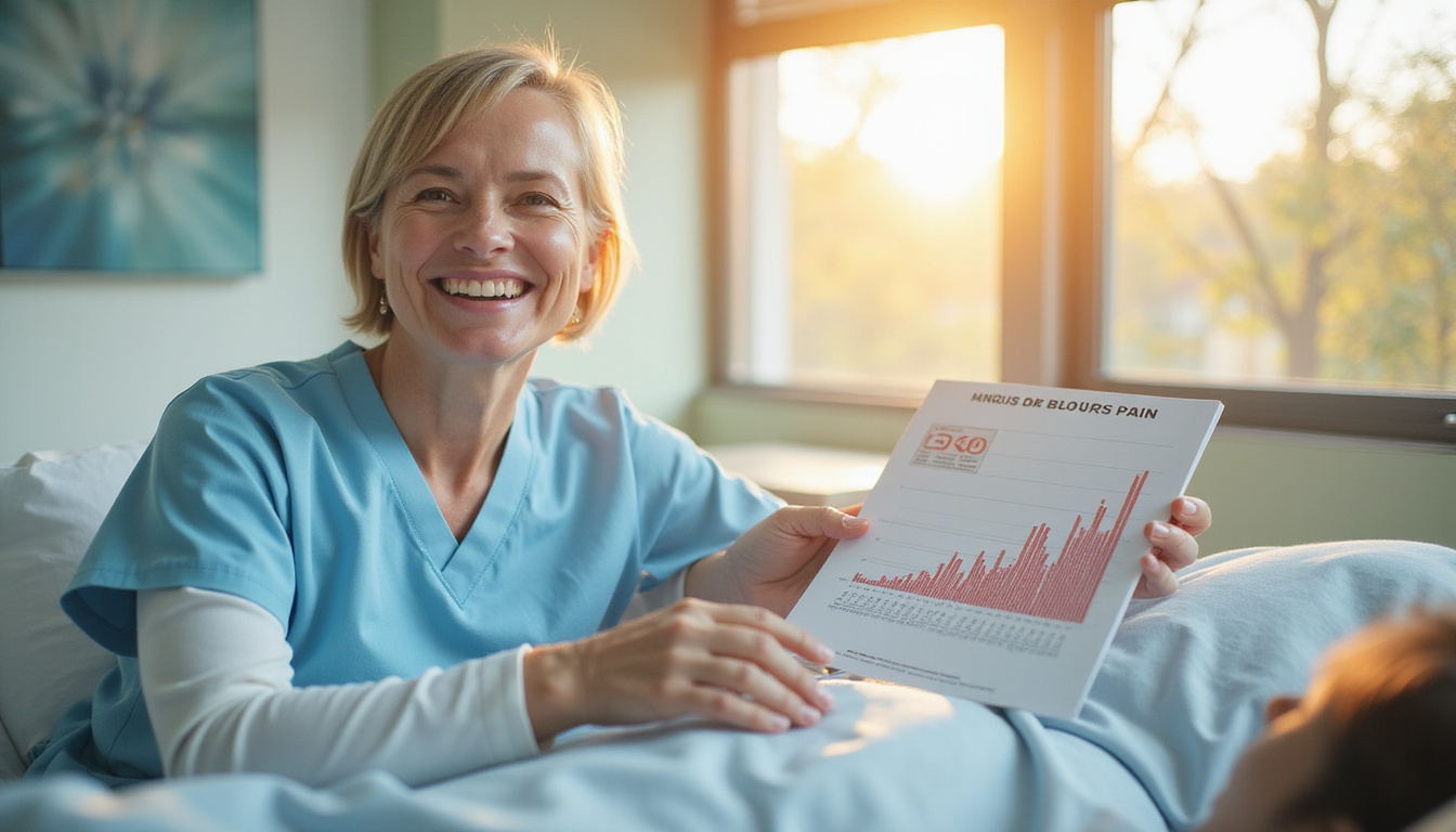  Smiling patient ambulatory hours after procedure, sunlit recovery room, chart showing falling pain graph