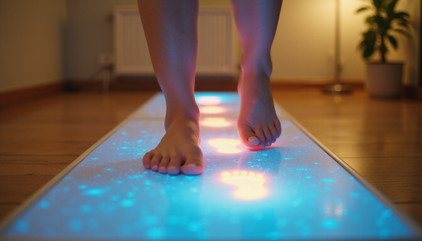  Close-up feet on balance beam with glowing footsteps, visual cues, warm indoor rehabilitation clinic
