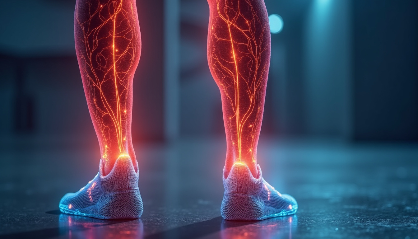  Close-up athlete calf with compression sleeve, translucent skin, vascular flow visualization, recovery light beams
