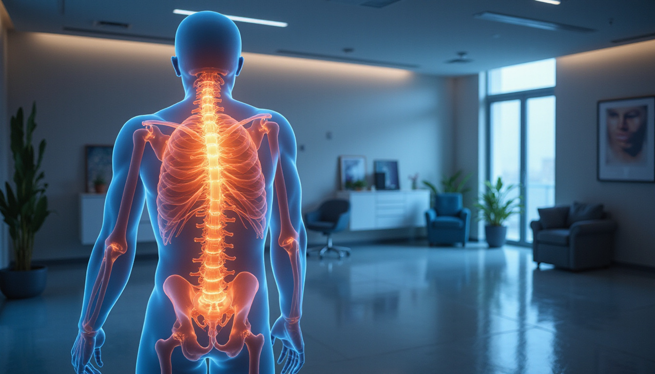 Modern clinic room with anatomical overlays, glowing pain points fading into warm healing light