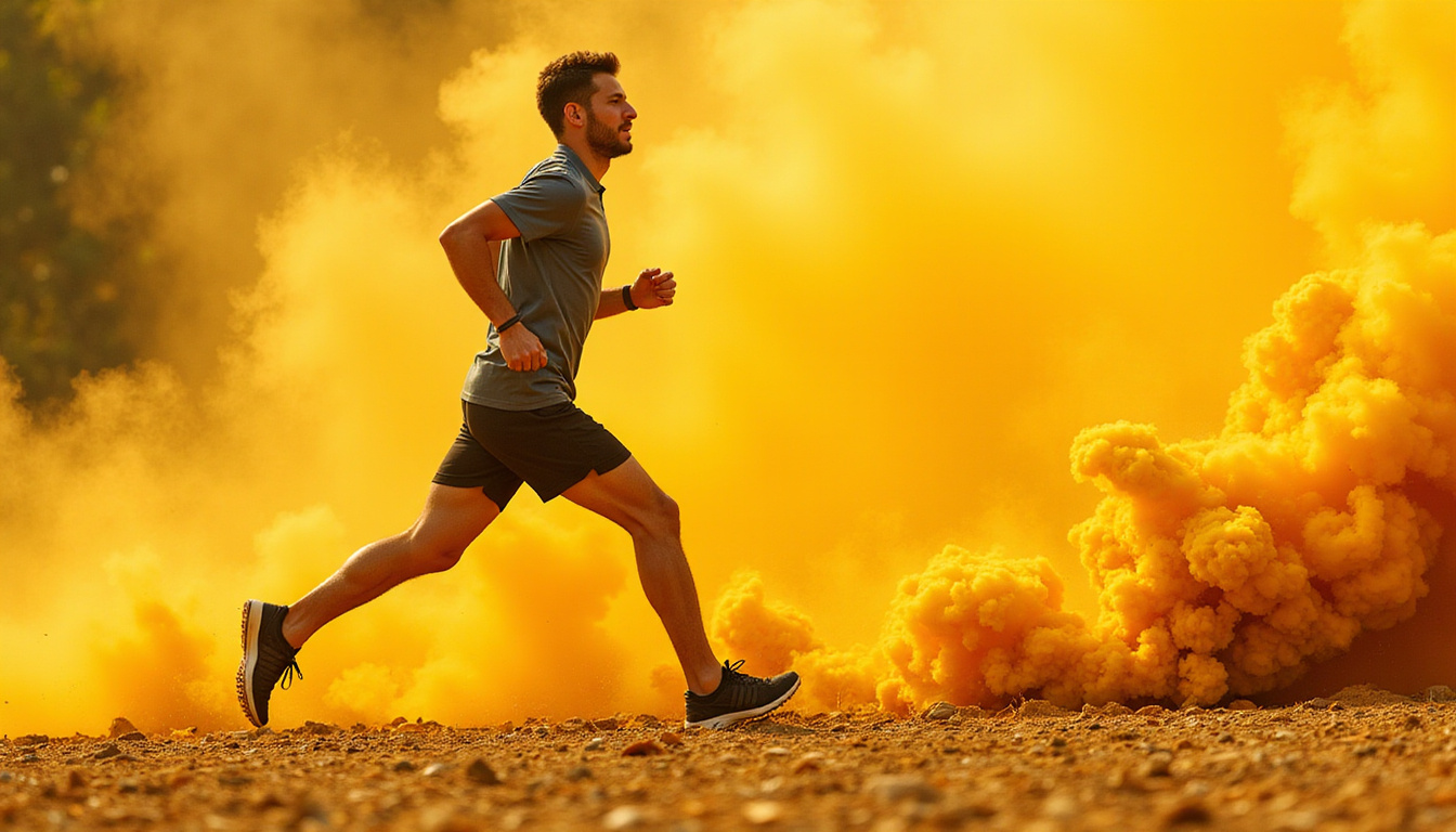  Vibrant energetic runner mid-stride, swirling golden turmeric smoke, botanical leaves, vitality