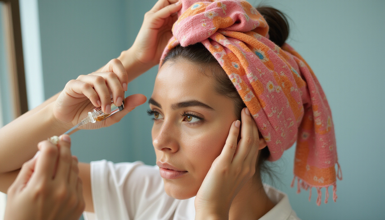  Close-up of hands applying nourishing serum to scalp, colorful scarves, inclusive bathroom mirror