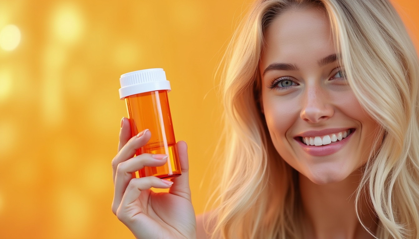  bright natural scene: before-and-after portrait, fuller hair emerging, tamoxifen pill bottle subtly in background