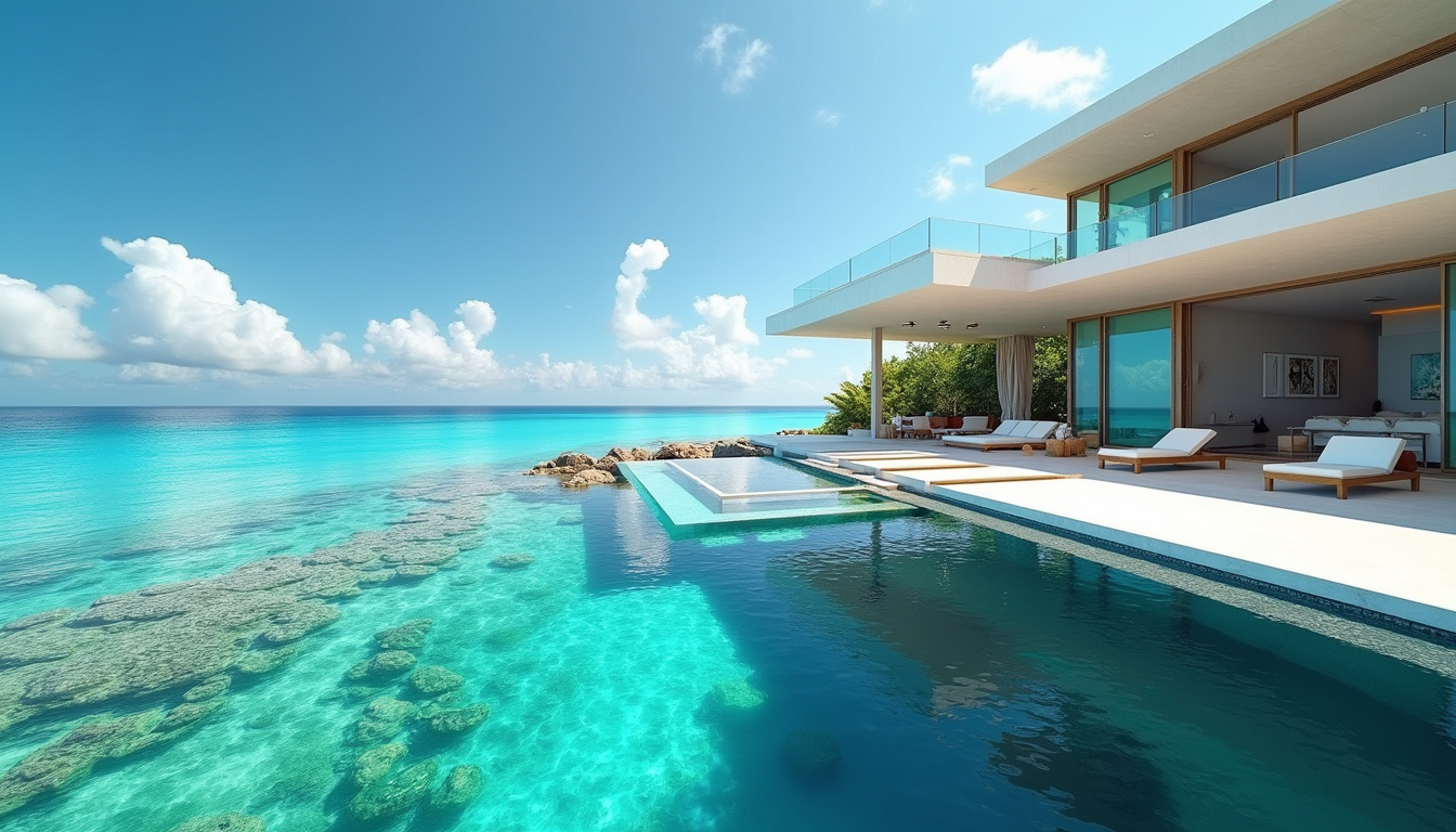  Luxurious modern villa terrace, glass walls, private sandy cove, coral reef snorkeling