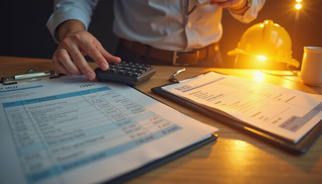  Contractor with clipboard and calculator beside open invoice, golden light suggesting revealed secrets