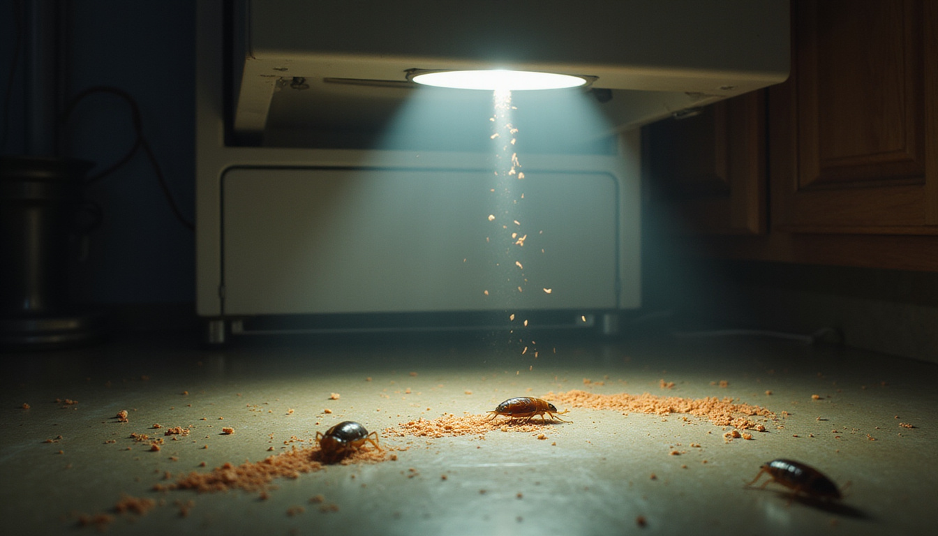  Close-up dramatic roach trail under refrigerator, flashlight beam, sticky traps and bait stations visible