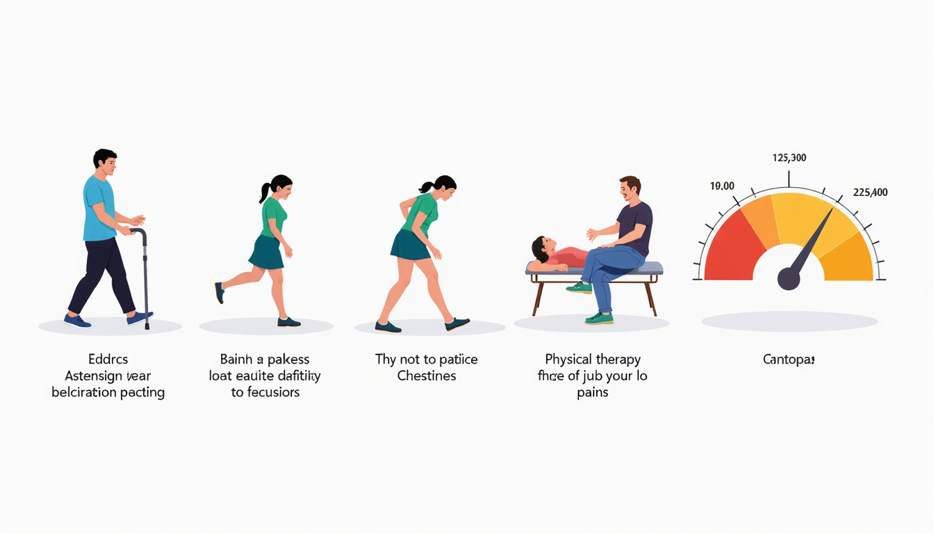  Recovery timeline infographic: patient walking with cane, physical therapy sessions, pain meter steadily decreasing